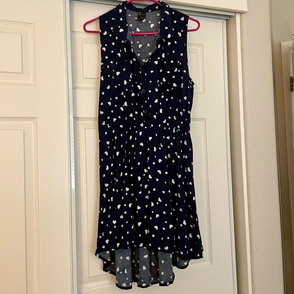Full Tilt Navy Blue Sleeveless High-Low Dress with Cream Hearts